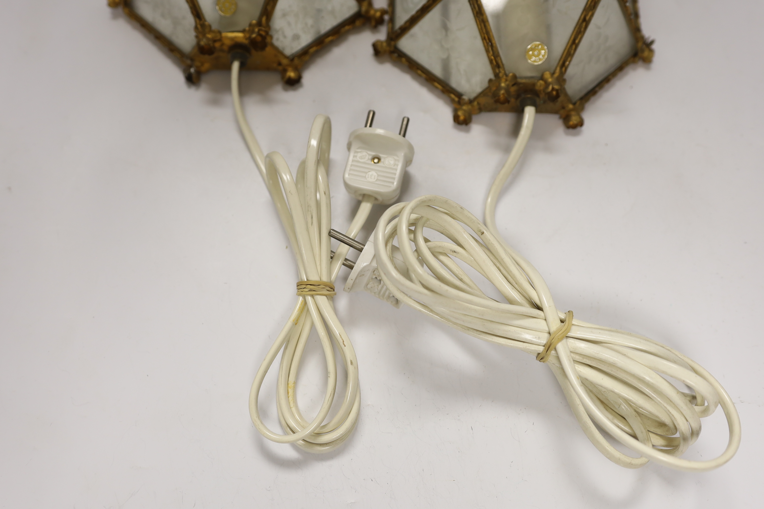 A pair of 1950's Italian glass and metal wall lights, 28cm high